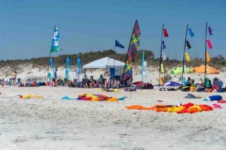 Families gathered along the oceanfront at Myrtle Beach State Park for a colorful day of kite flying during the annual Kite Festival.
