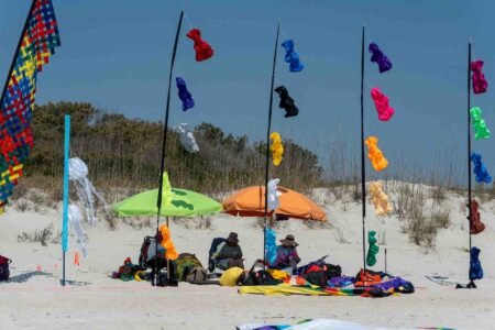 Families gathered along the oceanfront at Myrtle Beach State Park for a colorful day of kite flying during the annual Kite Festival.